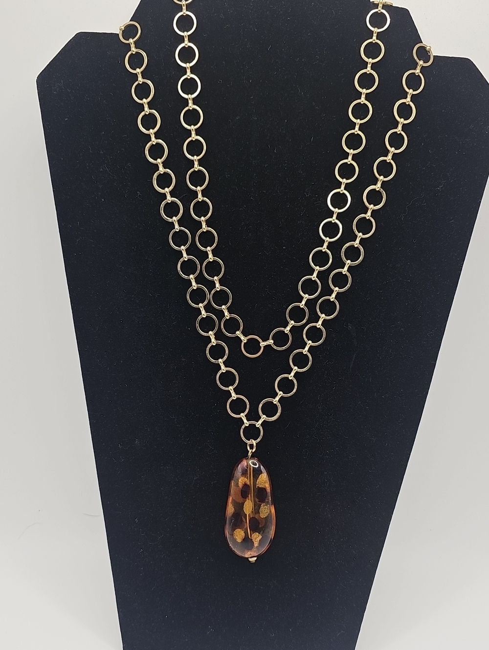VintagGold Link Chain Necklace with Brown Amber Teardrop Pendant. Polished Honey